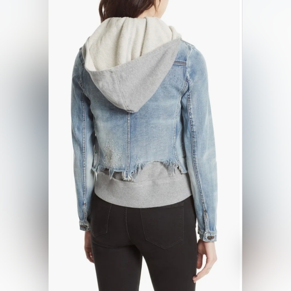 Free People Double Weave Distressed Denim Jacket with Built-in Hoodie - Picture 2 of 4